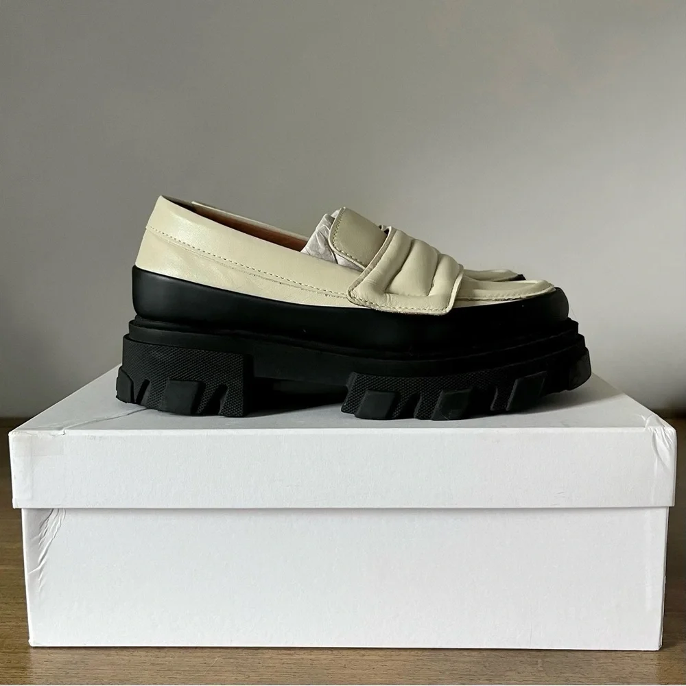 GANNI Off-White Leather Chunky Padded Loafers in Oyster Gray Women’s Size 8.5/39